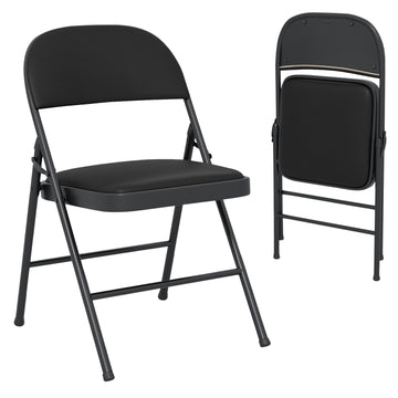 Folding Chairs, Padded PVC Leather, Metal Frame, 2-Pack, Black