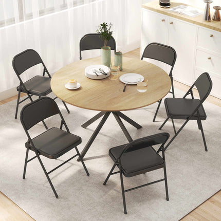 Folding Chairs Set of 6, Black Faux Leather, Steel Frame
