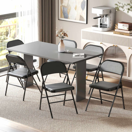 Folding Chairs Set of 6, Black Faux Leather, Steel Frame