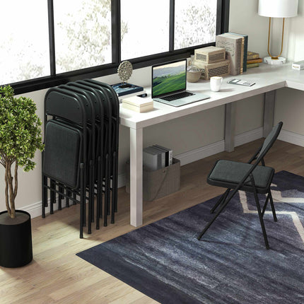Folding Chairs Set of 6, Black, Steel Frame, Linen Look