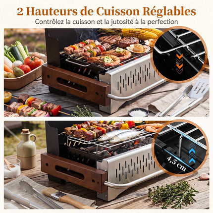 Folding Charcoal Grill, 2 Heights, 4-Sided Ventilation, Black