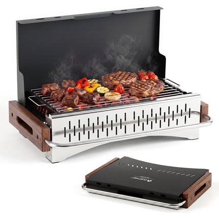 Folding Charcoal Grill, 2 Heights, 4-Sided Ventilation, Black