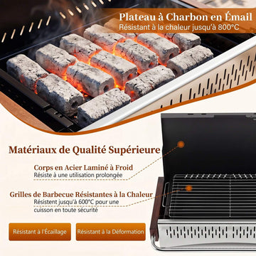 Folding Charcoal Grill, Adjustable Heights, 4-Sided Ventilation