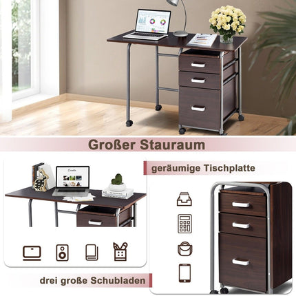 Folding Computer Desk Rolling Office Table with Metal Frame 105 x 50 x 75 cm Brown