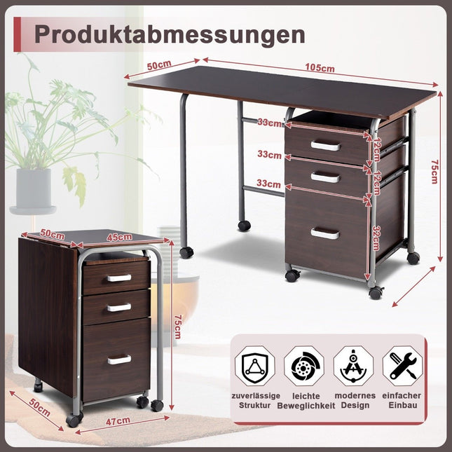 Folding Computer Desk Rolling Office Table with Metal Frame 105 x 50 x 75 cm Brown