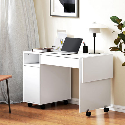 Folding Computer Desk with Cabinet and Drawer, White