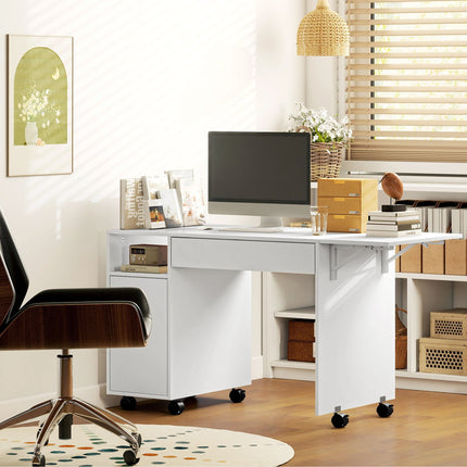 Folding Computer Desk with Cabinet and Drawer, White