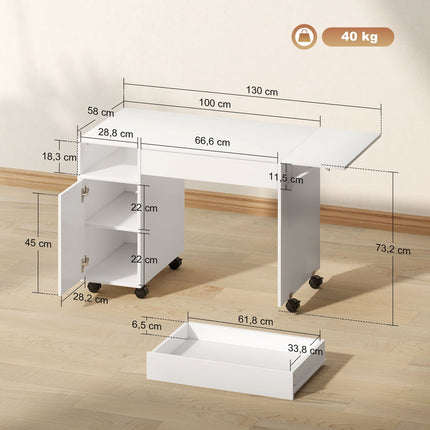 Folding Computer Desk with Cabinet and Drawer, White