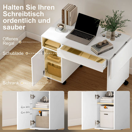 Folding Computer Desk with Cabinet and Drawer, White