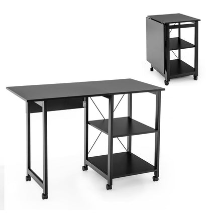 Folding Computer Desk with Shelves & Wheels, Black