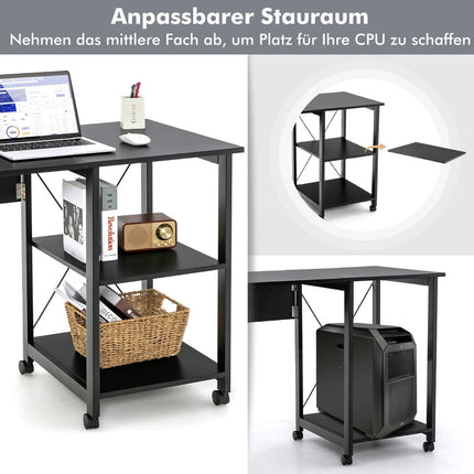 Folding Computer Desk with Shelves & Wheels, Black