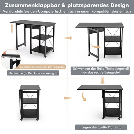 Folding Computer Desk with Shelves & Wheels, Black