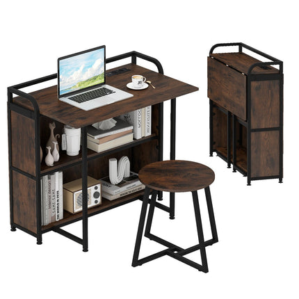 Folding Desk with Power Outlet, Stool & Shelves, 90x55x83 cm