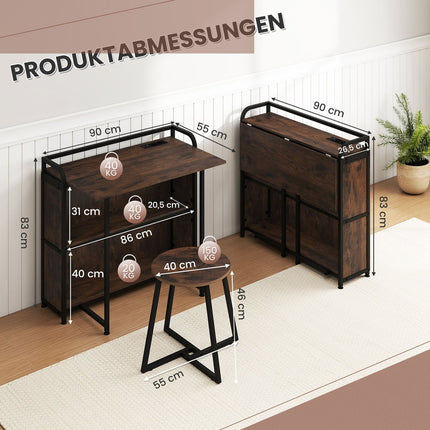 Folding Desk with Power Outlet, Stool & Shelves, 90x55x83 cm