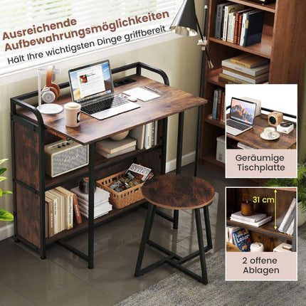Folding Desk with Power Outlet, Stool & Shelves, 90x55x83 cm