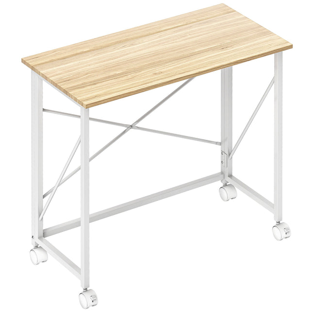 Folding Desk with Wheels, Space-Saving, Steel MDF, Natural