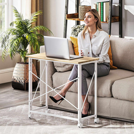 Folding Desk with Wheels, Space-Saving, Steel MDF, Natural