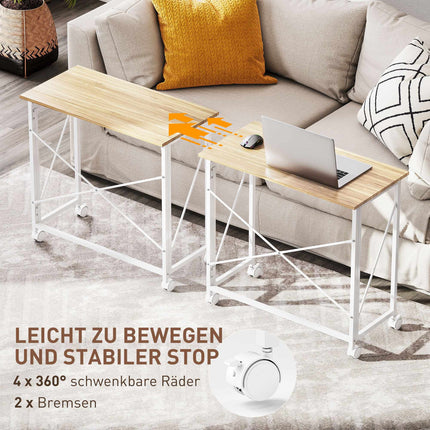 Folding Desk with Wheels, Space-Saving, Steel MDF, Natural