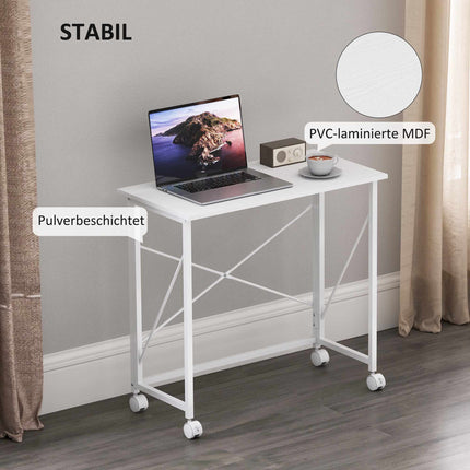 Folding Desk with Wheels, Steel Frame, 80x40x75 cm, White
