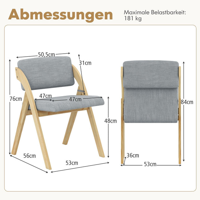 Set opvouwbare eetkamerstoelen, gewatteerde zitting, poten van rubberhout, grijs