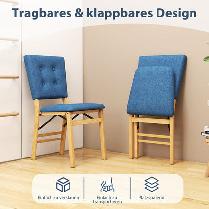 Folding Dining Chairs Set of 2, Padded Seat, Blue Linen