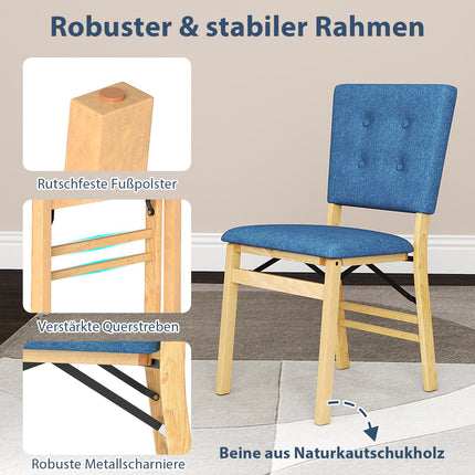 Folding Dining Chairs Set of 2, Padded Seat, Blue Linen