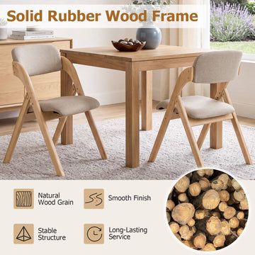 Folding Dining Chairs Set of 2, Rubber Wood, Beige Cushions