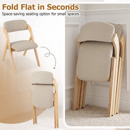 Folding Dining Chairs Set of 2, Rubber Wood, Beige Cushions