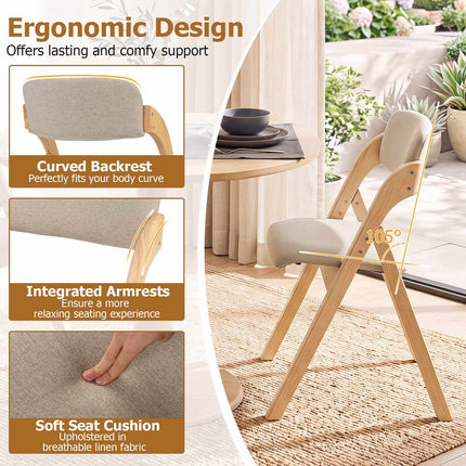 Folding Dining Chairs Set of 2, Rubber Wood, Beige Cushions