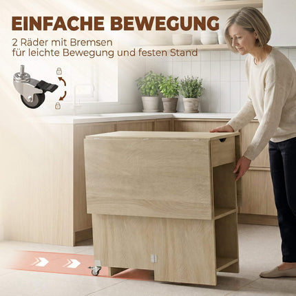 Folding Dining Table for 2-4, Rolling with Drawer, Natural Wood