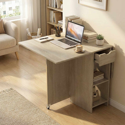 Folding Dining Table for 2-4, Rolling with Drawer, Natural Wood