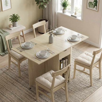 Folding Dining Table for 2-4, Rolling with Drawer, Natural Wood
