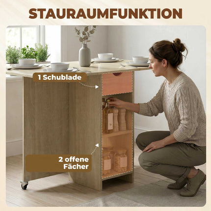Folding Dining Table for 2-4, Rolling with Drawer, Natural Wood