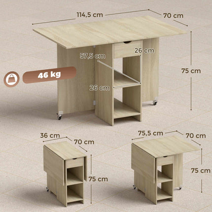Folding Dining Table for 2-4, Rolling with Drawer, Natural Wood