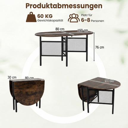 Folding Dining Table for 6-8, Space-Saving Oval Design