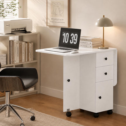 Folding Dining Table with Drawers and Cabinet, White