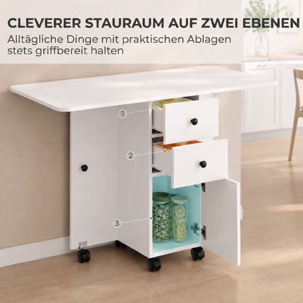 Folding Dining Table with Drawers and Cabinet, White