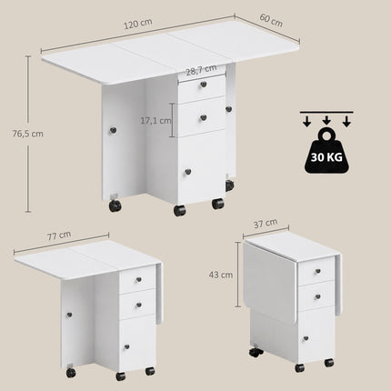 Folding Dining Table with Drawers and Cabinet, White