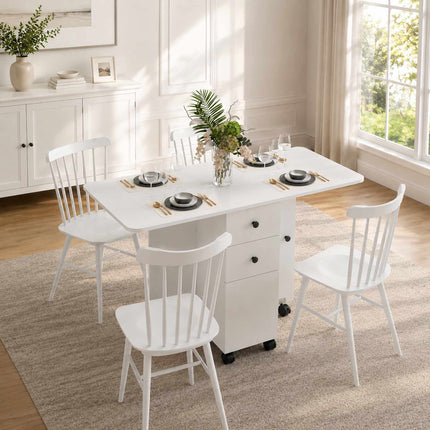 Folding Dining Table with Drawers and Cabinet, White