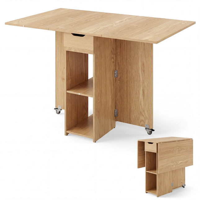Folding Dining Table with Wheels, Shelves, Drawer