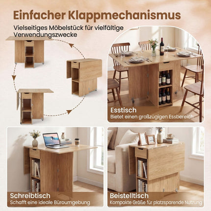 Folding Dining Table with Wheels, Shelves, Drawer