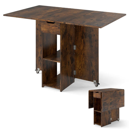 Folding Dining Table with Wheels, Shelves & Drawer