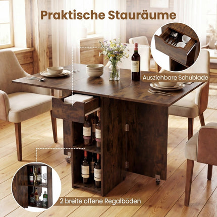 Folding Dining Table with Wheels, Shelves & Drawer