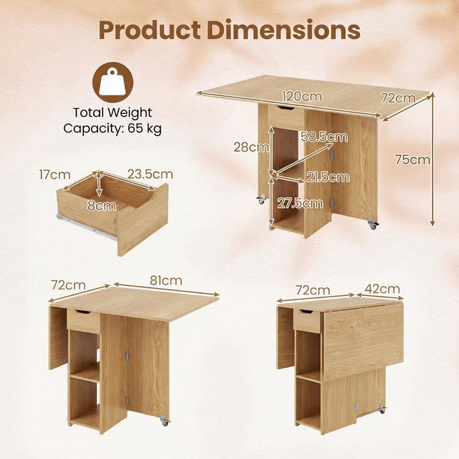 Folding Dining Table with Wheels, Shelves, Drawer