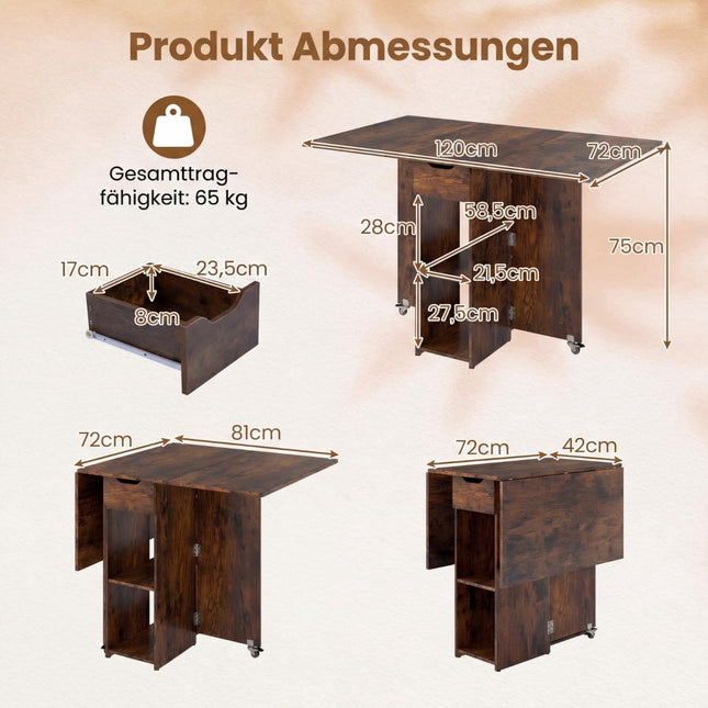 Folding Dining Table with Wheels, Shelves & Drawer