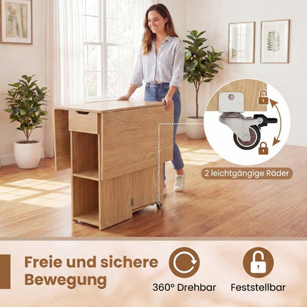 Folding Dining Table with Wheels, Shelves, Drawer