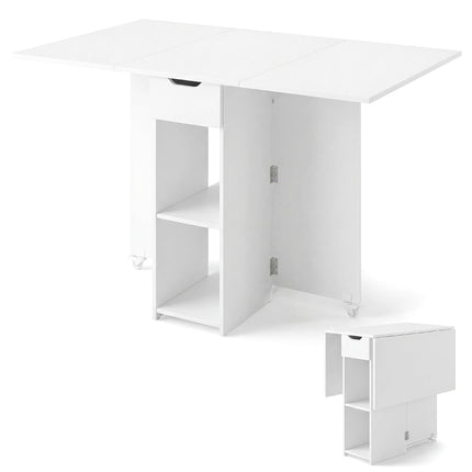 Folding Dining Table with Wheels, Shelves, Drawer – White