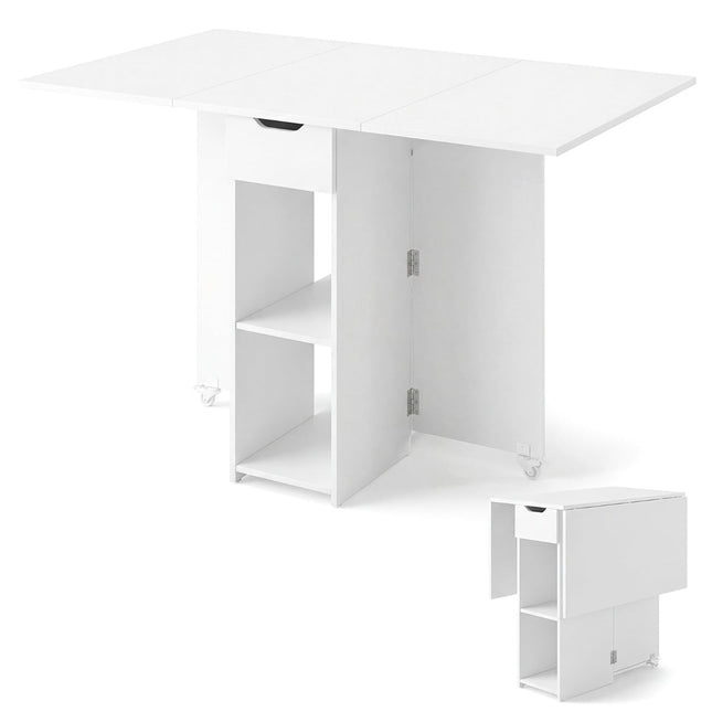 Folding Dining Table with Wheels, Shelves, Drawer – White