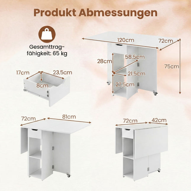 Folding Dining Table with Wheels, Shelves, Drawer – White