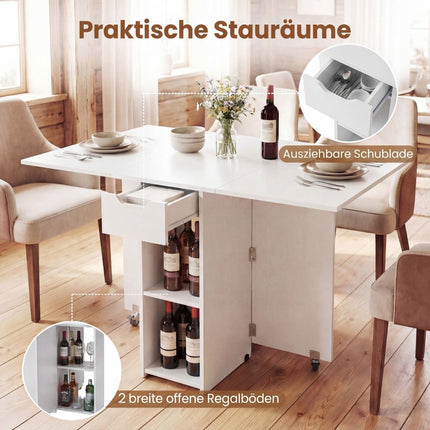 Folding Dining Table with Wheels, Shelves, Drawer – White